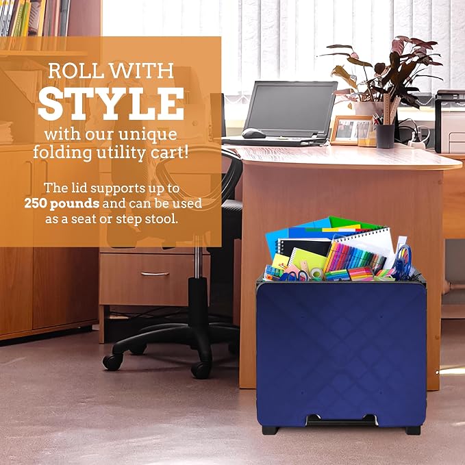 Collapsible Ultra-Slim Pack-N-Roll,2 Wheel Utility Cart w/Lid Used as Seat up to 250 Lbs, Telescopic Handle - Super Strong, for Home, Garden, Shopping, Office, School use, Large, Blue