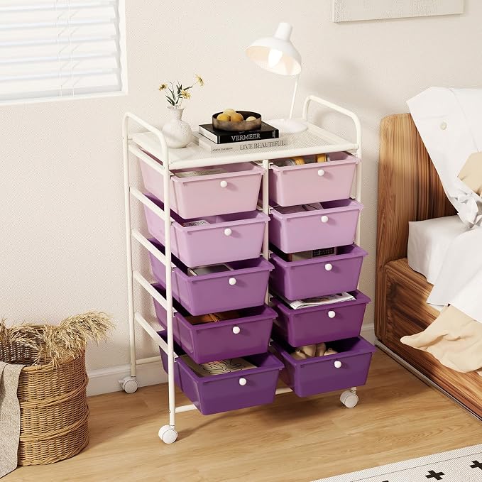 RELAX4LIFE 10-Drawer Rolling Storage Cart - Mobile Craft Art Supply Storage Organizer for Tool Scrapbook Paper Salon, Office School Classroom Teacher Rolling Cart with Drawers, Utility Cart on Wheels