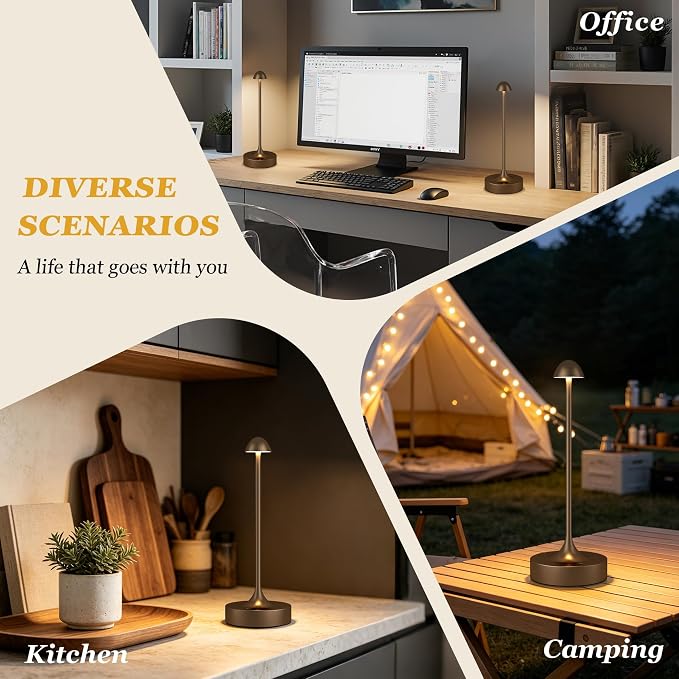 Kakanuo Rechargeable Cordless Table Lamp, Battery Operated Lamps, 3-Color Stepless Dimming, Portable Wireless Desk Lamp, LED Lighting for Dining Room, Restaurant, Office, Bar, Home(Brown 2 Pack)