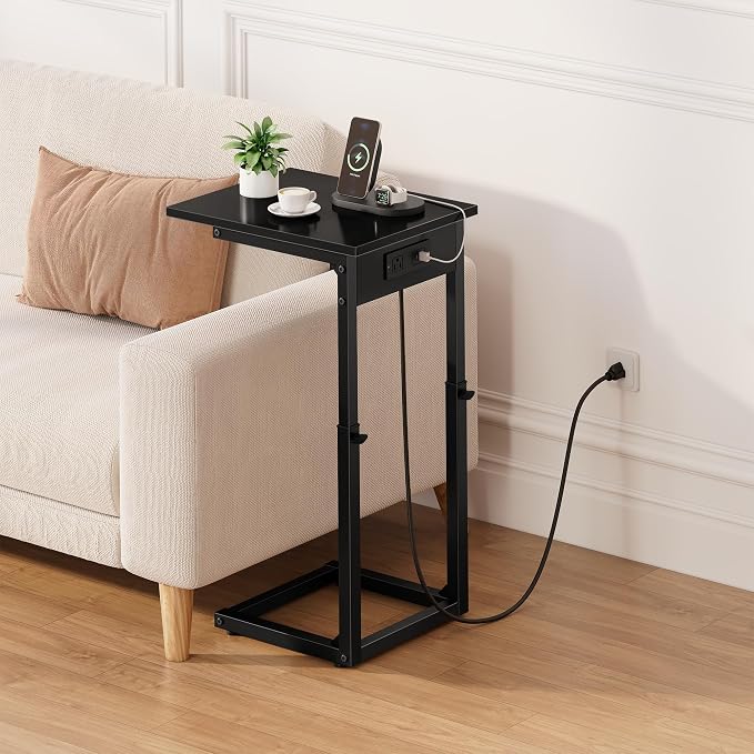 C Shaped End Table with Charging Station, 33"Tall C-Table End Table Adjustable Height Side Table for Couch, Couch Table That Slide Under Sofa Table TV Tray Table for Living Room,Bedroom,Black