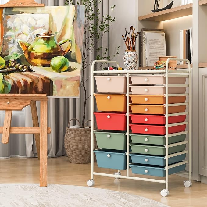 COSTWAY 15 Drawer Rolling Storage Cart, Mobile Storage Organizer | Removable Drawers & Metal Frame, Multipurpose Utility Tools Paper Organizer on Wheels for Home, Office (Macaron)