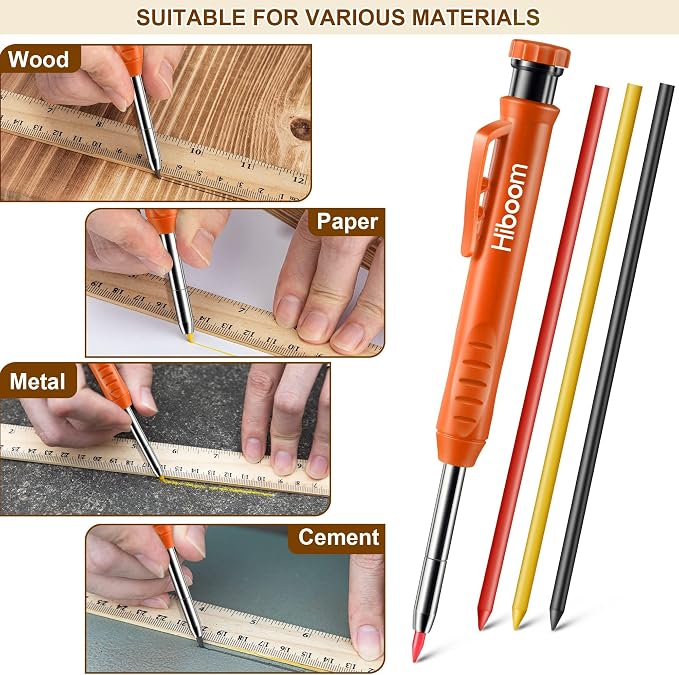 Hiboom 2 Pack Carpenter Pencils with Pencil Cap and 18 Refills, Orange | Mechanical Pencil, Deep Hole Marking, Built-In Sharpener, Long Nose Tip, Pocket Clip, Marks Many Surfaces, Woodworking Use