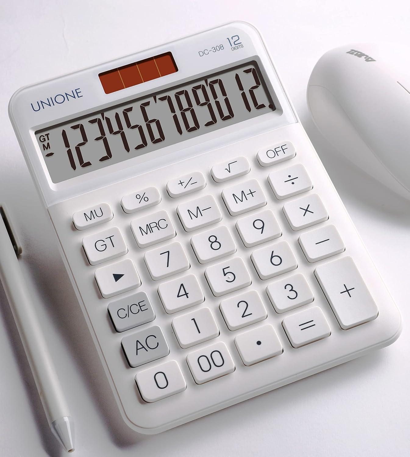 UNIONE Big Size Calculator with a Bright LCD, Dual Power Handheld Desktop. Color. Business, Office, High School 5×7in (WHITE)