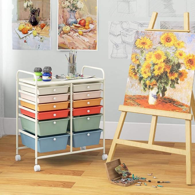 BECOMFORT 12-Drawer Rolling Cart with Drawers, Storage Cart on Wheels, Teacher Classroom Organizers with Metal Frame, Mobile Craft Cart, Trolley Utility Cart for School Office Play Room