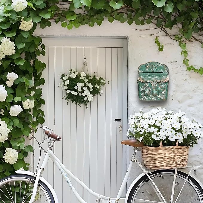 BIG FORTUNE Wall Mount Mailbox for House Outside Vintage Metal Door Mailbox Antique Style Nostalgic Charm Home Decor Garden Vintage English Cottage Decor Flower Patter (Green)