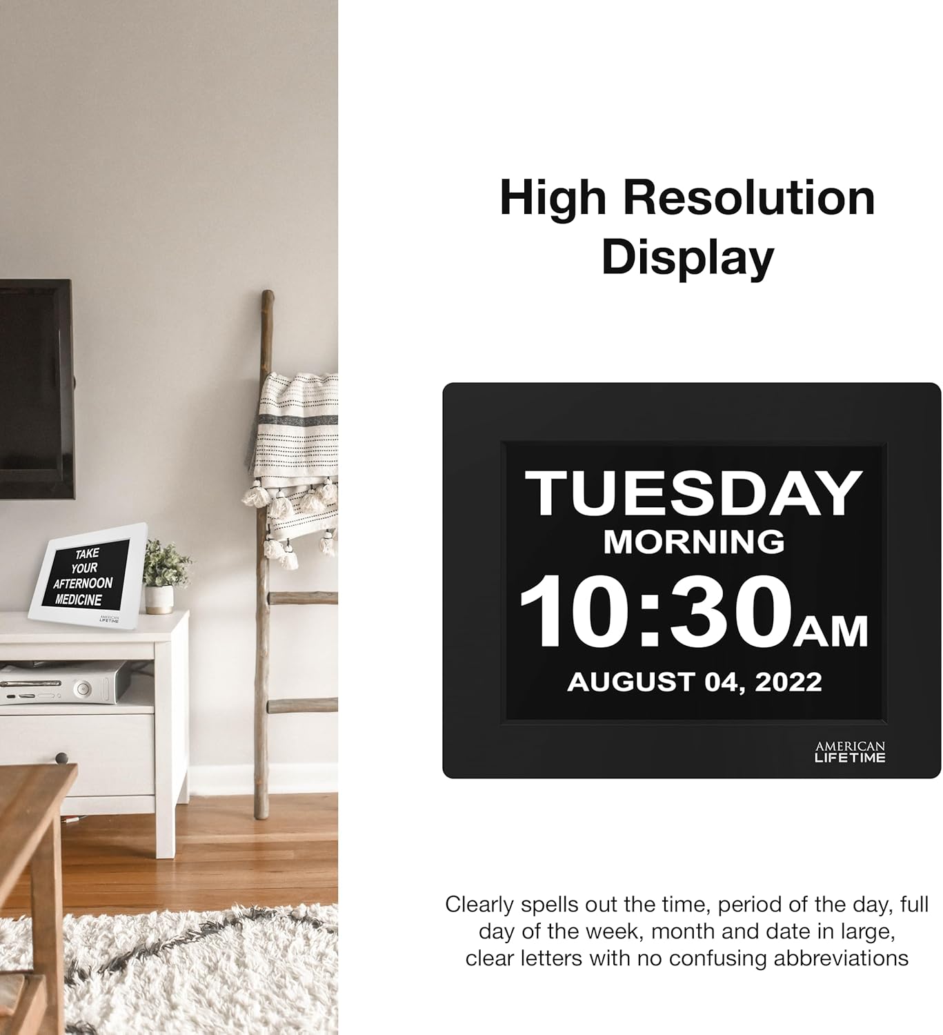 American Lifetime New 2025 Dementia Clock Large Digital Clock for Seniors, Alzheimer Clock Large Display with Custom Alarms, Clock with Day & Date for Elderly, Big Number Digital Calendar Black
