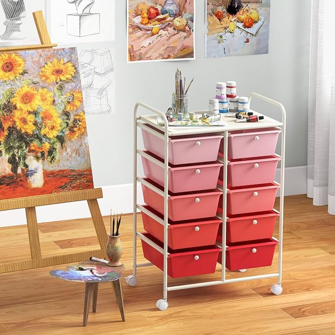 BECOMFORT 10-Drawer Rolling Cart with Drawers, Storage Cart on Wheels, Teacher Classroom Organizers with Metal Frame, Mobile Craft Cart, Trolley Utility Cart for School Office Play Room