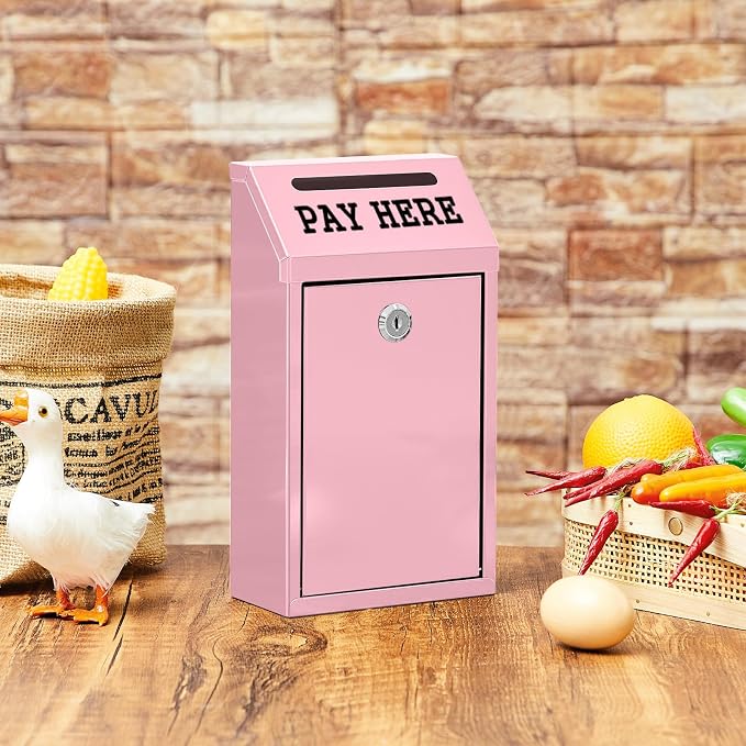 Yaocom Safe Metal Cash Box for Farm Stand – Money Drop and Secure Donation Collection, Wall Mount Lockable Unit with Pre Drilled Holes for Outdoor Self Serve(Pink,10.2 x 5.7 x 2.8 Inch)