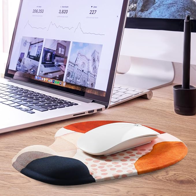 JIKIOU Ergonomic Mouse Pad with Gel Wrist Rest 2 Pack, Portable Small Boho | Upgraded-Prevent Gel Leakage, Ergonomic Design for Pain Relief, Cooling Gel filled, Smooth Lycra Surface, Non-Slip PU Base