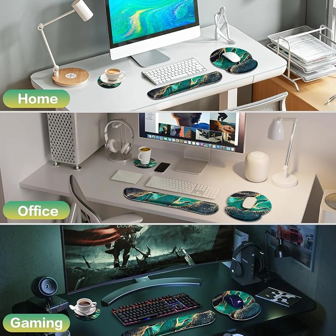 Mouse Pad Green with Wrist Rest Set, 3-in-1 Wrist Support Mousepad | Gaming Mat Pad with Anti-Skid Base,Ergonomic Mouse Pad ,Memory Foam Gel Wrist Rest for Computer Keyboard