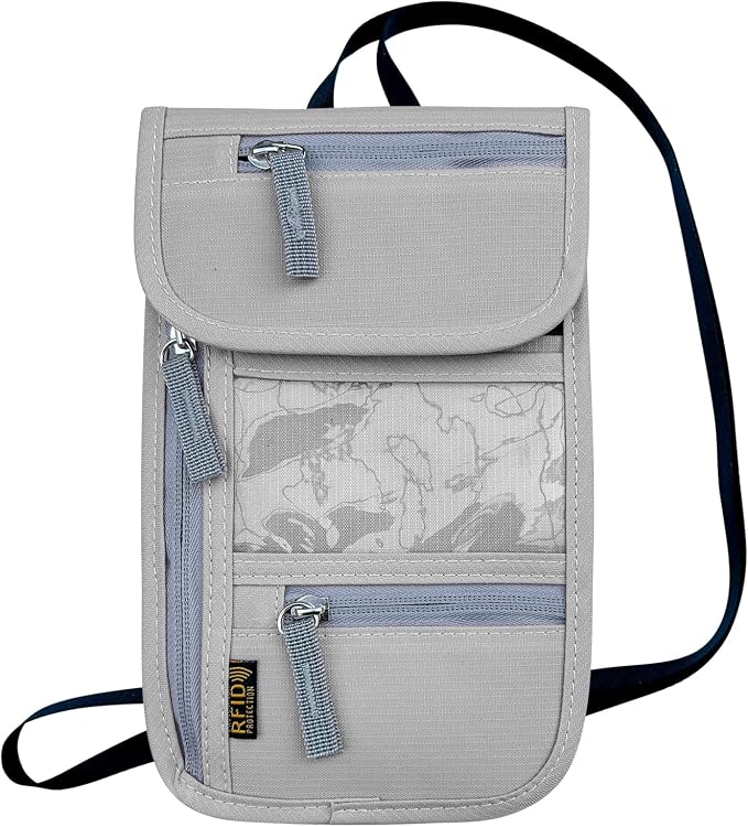Travel Neck Wallet, RFID Blocking Passport Holder with Adjustable Neck Strap for Men and Women to Keep Cash, Credit Cards and Travel Documents Safe - Grey