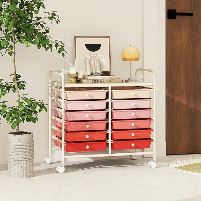 RELAX4LIFE 12-Drawer Rolling Storage Cart - Mobile Utility Cart on Wheels for School Classroom Teacher Office Salon, Paper File Art Supply Craft Organizer, Rolling Cart with Drawers (Gradient Pink)