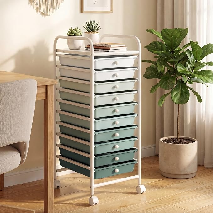 COSTWAY 10-Drawer Rolling Storage Cart, Utility Mobile Trolley | Removable Drawers & Universal Casters & 2 Brakes, Versatile Flexible Drawer Organizer Cart for Home, Office (Green Gradient)