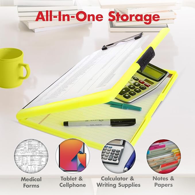Dexas Slimcase 2 Plastic Clipboard with Storage & Side Opening, Neon Yellow, Office Supplies Clipboards to Organize, Carry & Store, A4 Holder, Style and Functionality Nursing Clipboard (Pack of 6)