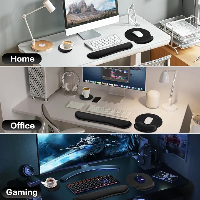 Mouse Pad Black, Ergonomic Keyboard Wrist Rest, Mouse Pad with Wrist Rest | Gaming Mousepad with Wrist Support, Memory Foam Wrist Rest Set for Computer Keyboard, Office Desk Accessories