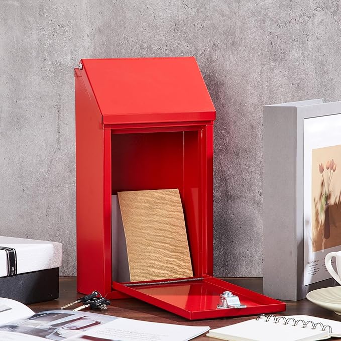 Yaocom Metal Money Box,Red,10.24 x 5.71 x 2.95 Inch,with Lid | Wall Mounted Drop Donation Cash Box for Farm Stand Collection Safe Suggestion Box with Lock Container for Home Office Outdoor