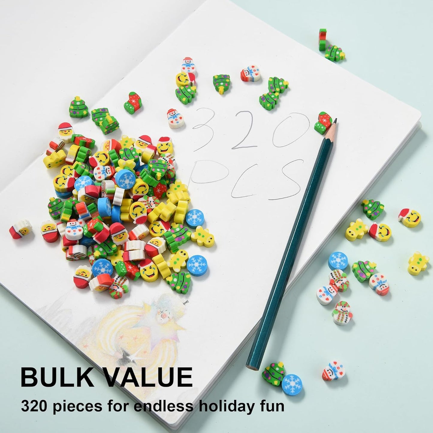 320pcs Mini Christmas Erasers for Kids Bulk, Cute Small Erasers for Christmas Party Favors Goodie Bags Stuffers Stocking Stuffers Holiday Gifts Classroom Rewards