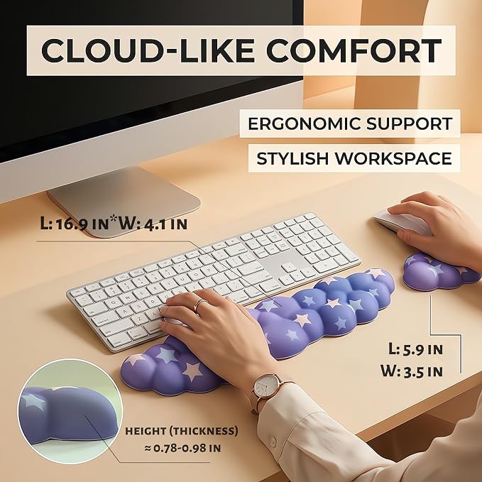 Cloud Wrist Rest for Keyboard & Mouse, Gradient Purple Colorful Star | Memory Foam Arm Rest with Ergonomic Support Fits Full Keyboards and Reduces Typing Fatigue for Office, Gaming and Home Use