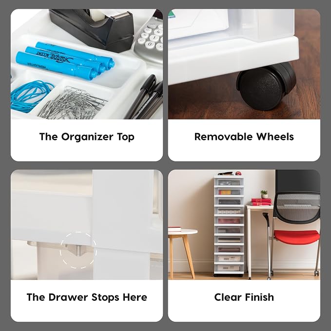 IRIS USA 10-Drawer Rolling Storage Cart, White/Clear | Keep classroom supplies, teacher essentials, craft materials, and learning tools organized with easy-access drawers.