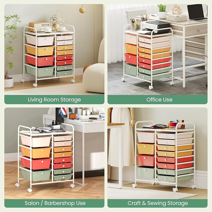 12 Drawer Rolling Storage Cart, Rolling Cart with Drawers for Classroom, Art Supply Craft Organizer on Wheel with Metal Frame & Handles for Home Office School (Macaron, 12 Drawer Left-Right)