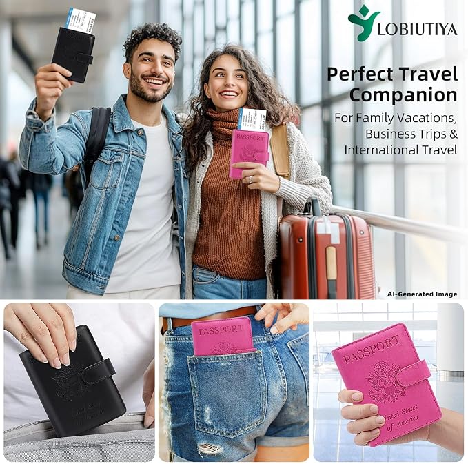 Passport Holder For Travel with Slot for AirTag & Luggage Tag Cover – RFID Blocking Travel Passport Wallet for Women/Men/Family | PU Leather Passport Case with Extra Money Pocket, Black