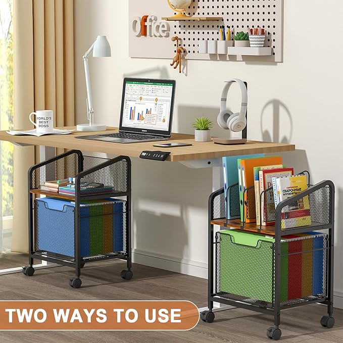 Tiaoheka Rolling File Cabinet with Adjustable Dividers, Vertical Filing Cabinet with Storage Drawer on Lockable Wheels, Hanging File Organizer Beside Under Desk for Office, Home(Patent Pending)