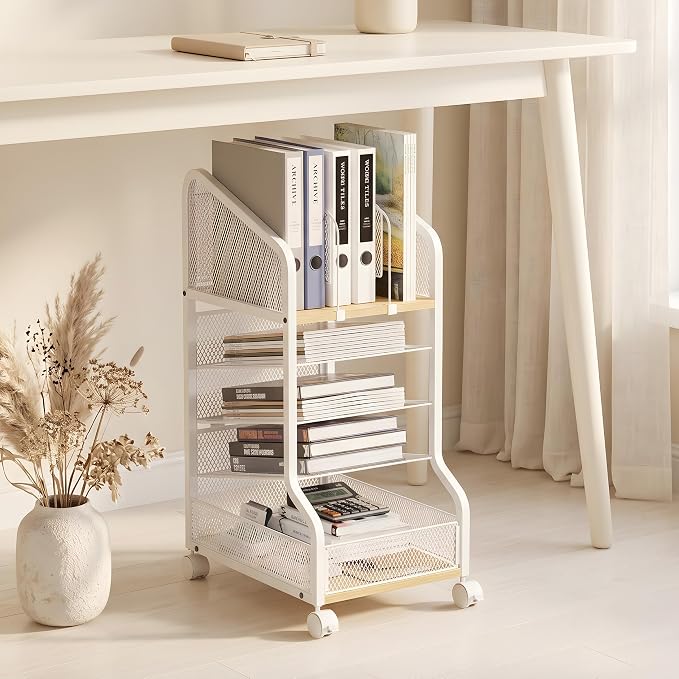 Rolling File Cart Under Desk Storage and Organizers 5-Tier White | Small Filing Cabinet with Adjustable Dividers and Lockable Wheels, Under Desk File Organizer for Home, Office