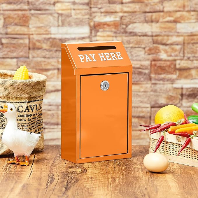Yaocom Safe Metal Cash Box for Farm Stand – Money Drop and Secure Donation Collection, Wall Mount Lockable Unit with Pre Drilled Holes for Outdoor Self Serve(Orange,10.2 x 5.7 x 2.8 Inch)