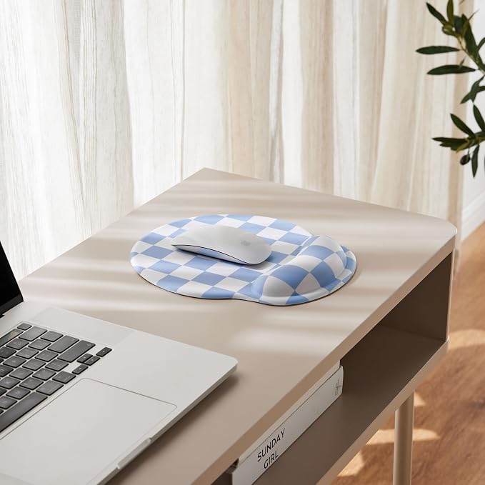 Ohocut Blue Checkered Mouse Pad with Gel Wrist Rest, Wrist Support, Ergonomic Desk Accessories for Women, Office Laptop Gaming Decor, Cute Aesthetic Trendy Check Design