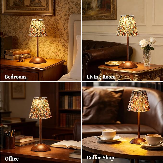 Small Vintage Cordless Table Lamp, Rechargeable Battery Operated Lamp with 3 Color Temperatures Stepless Dimming, Floral Bedside Nightstand Lamp for Bedroom, Living Room, Coffee Table, Bookshelf