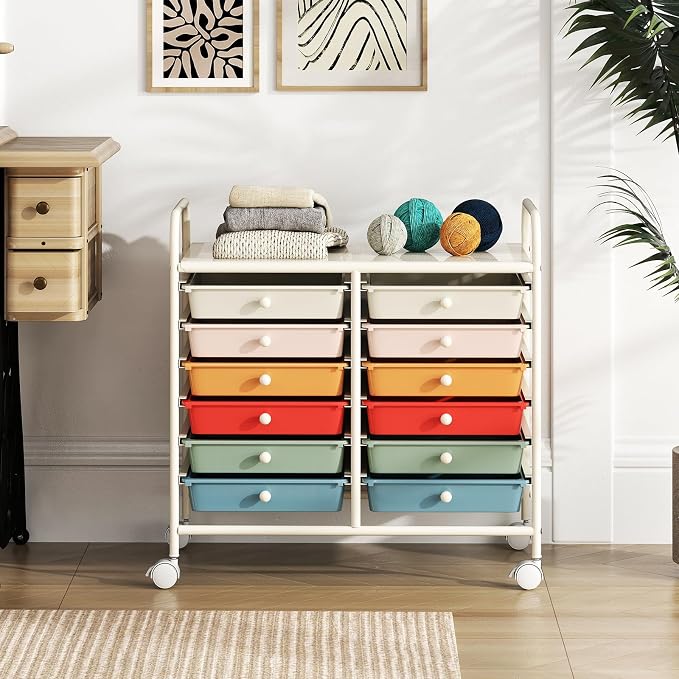 COSTWAY 12-Drawer Rolling Storage Cart, Utility Storage Organizer Cart | For Tools, Scrapbook, Paper, Craft, Multipurpose Art Supply Organizer on Wheels for Home Office School, Teacher, Macaron