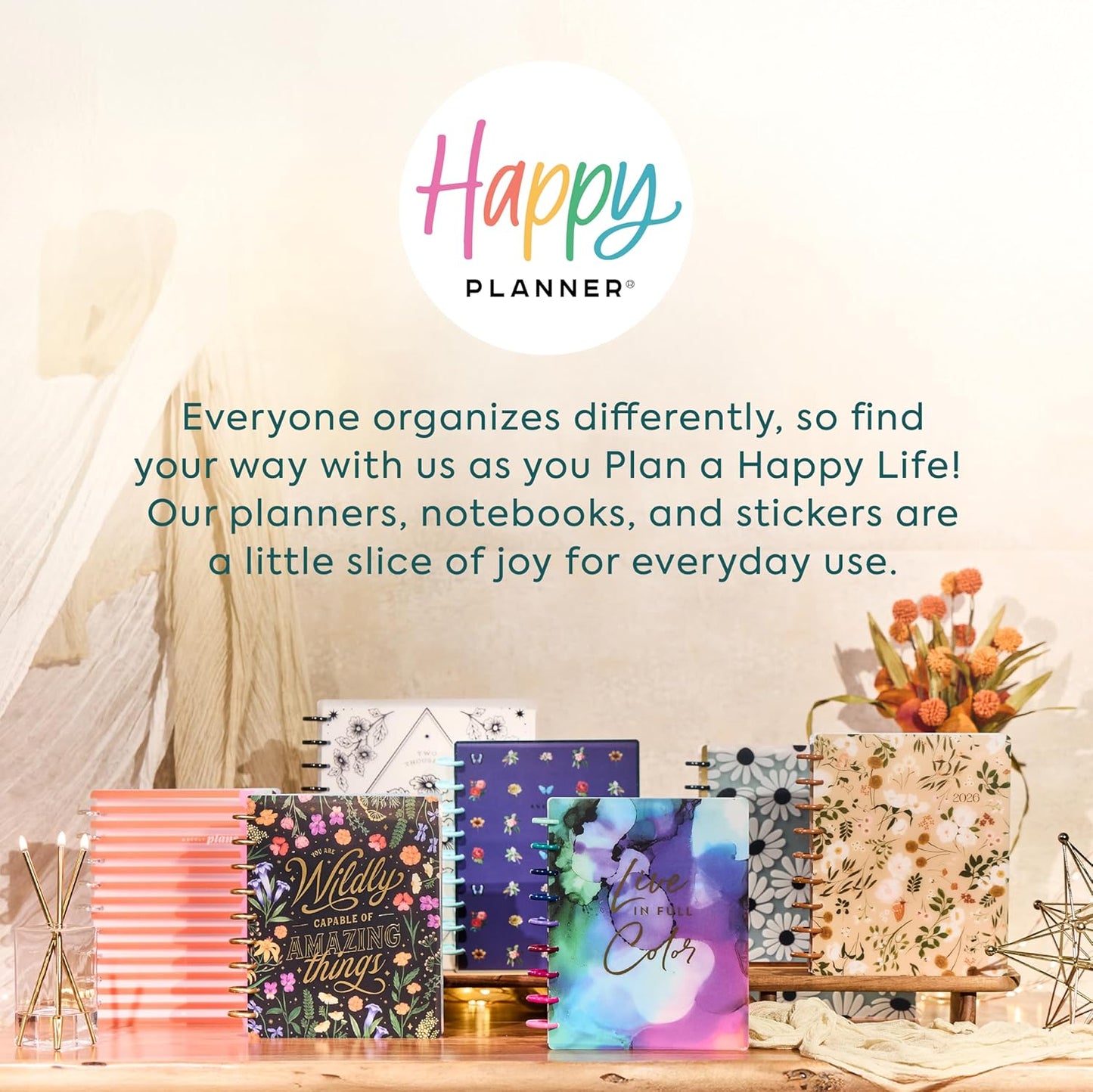 Happy Planner Disc-Bound Planner Jan.–Dec. 2026, Includes 3 Extra Months and 2 Sticker Sheets, Classic Size, 7" x 9.25", Dashboard Layout, Vintage Garden Tan