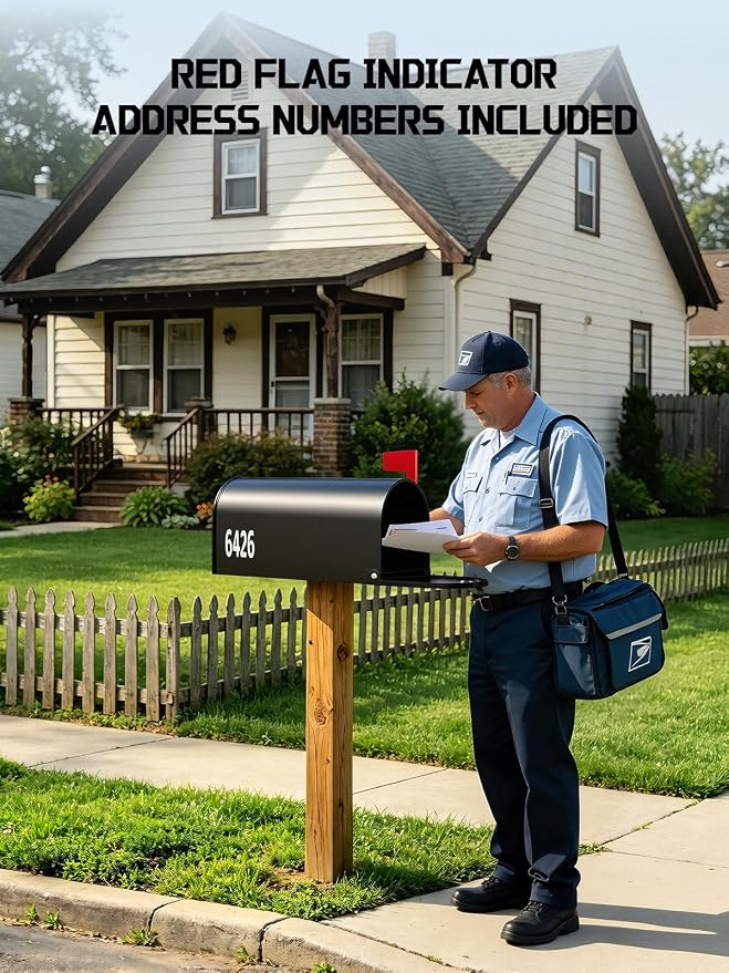 AZUNO Mailboxes for Outside, Black Metal Post Mount Mailbox with Red Flag & Address Numbers, Medium Capacity Mailbox for House,Galvanized Steel,19 * 8.9 * 7.1 inches
