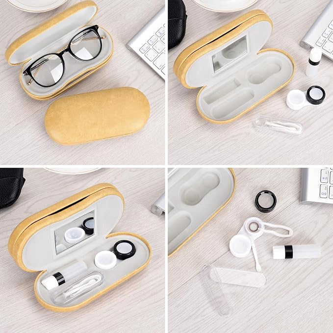 Muf 2 in 1 Contact Lens Case and Glasses Case, Double Sided Design with Mirror, Portable Travel Kit with Tweezer, Remover and Solution Bottle, Yellow