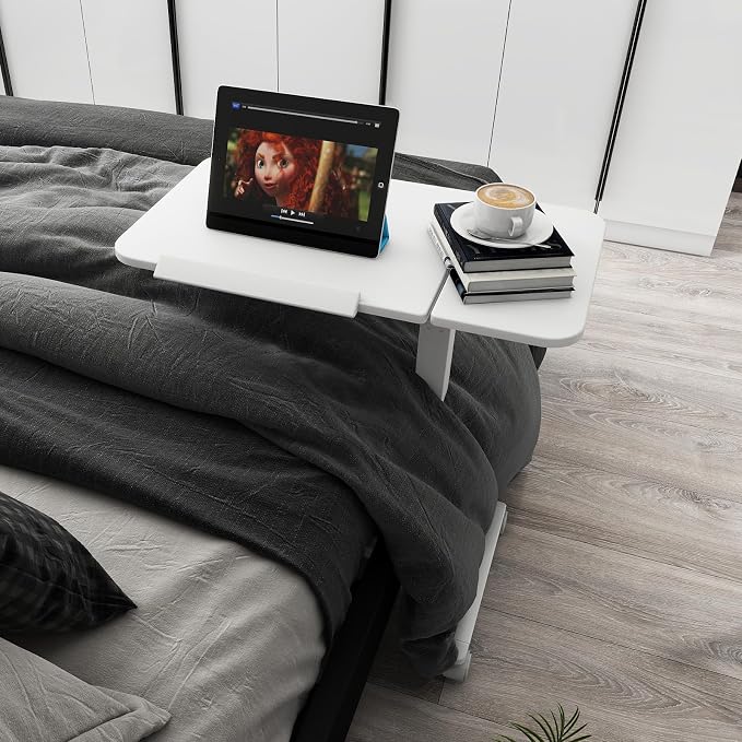 PUNCIA 28" Overbed Table with Split Tilting Desktop,Pneumatic C Table,White | Mobile Laptop Desk for Bedside, Height Adjustable End Table with Wheels, Computer Cart for Home Sofa Office & Hospital Use