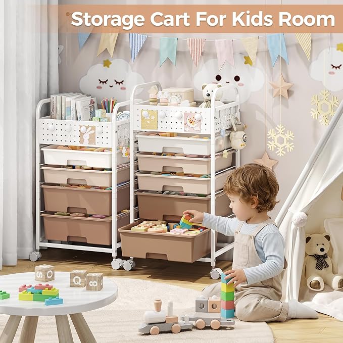 4 Drawer Rolling Storage Cart with Pegboard Top and Hooks, Brown | Mobile Organizer Cart with Wheels for Office Supplies, Craft Storage, Classroom Organization, Home Utility Cart