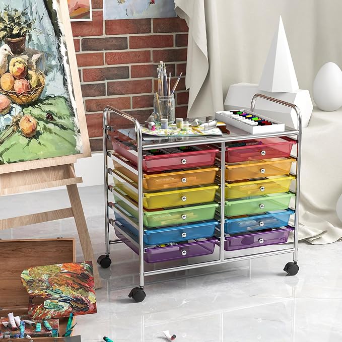 COSTWAY 12-Drawer Rolling Storage Cart, Utility Storage Organizer Cart | For Tools, Scrapbook, Paper, Craft, Multipurpose Art Supply Organizer on Wheels for Home Office School, Teacher, Rainbow
