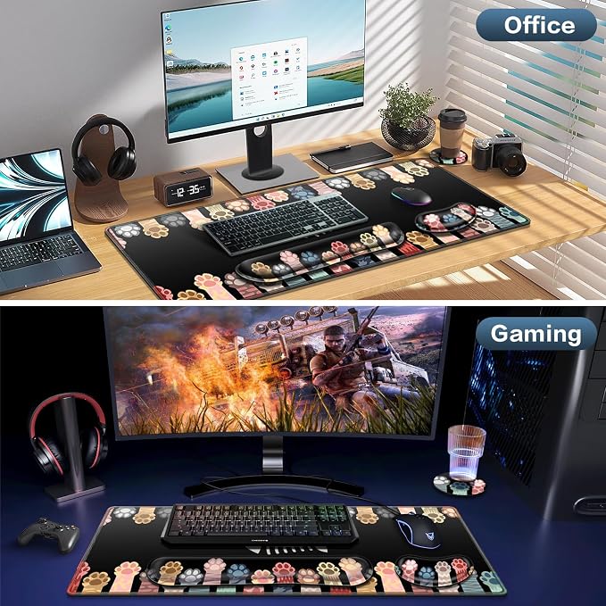 Desk Mat, Large Gaming Mouse Pad with Wrist Rest, 4 in1 | XXL Mousepad+Keyboard Wrist Rest+Mouse Pad Wrist Support+Cup Coaster Ergonomic Computer Desk Arm Wrist for Decor Office Women
