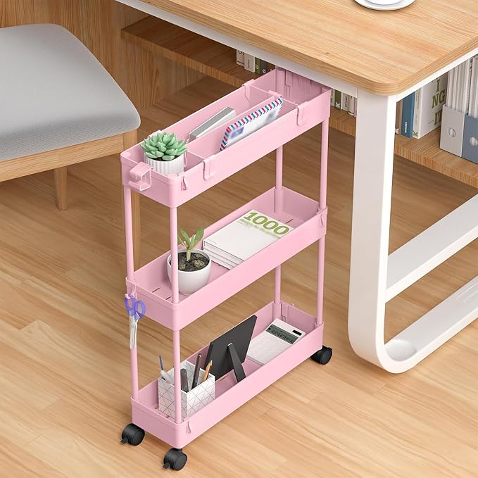 2-piece Set Slim Storage Cart 3 Tier,Bathroom Organizer Rolling Utility,Mobile Shelving Unit Slide Out for Office, Kitchen, Laundry Room & Narrow Places