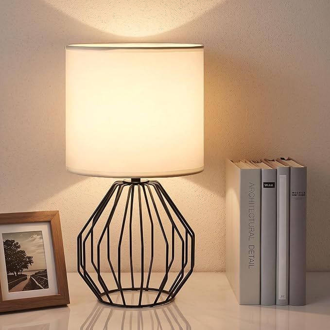 Small Table Lamp Black, Modern Minimalist Desk Lamp with Metal Base White Fabric Shade, Bedside Nightsand Table Lamp for Bedroom, Living Room, Kids Room