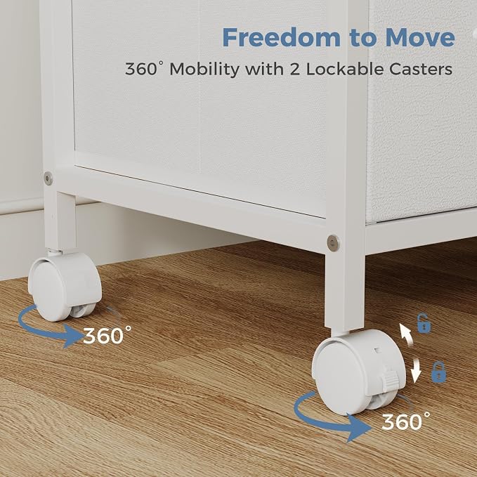 DUMOS 3 Drawer Mobile File Cabinet, Space Saving Rolling Printer Stand | Freestanding Fabric Lateral Filing Cabinet Fits A4/Letter Size, Printer Cart with Open Storage Shelf for Home Office, White