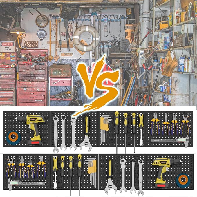 4-Pack Heavy-Duty Metal Pegboard Organizer Kit - 16"x12" Black Steel Wall Control Panels with 8 Hooks for Garage Tools, Craft Rooms, and Home Office Storage