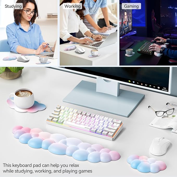 TECKNET Cloud Keyboard Wrist Rest Set, Cloud Wrist Rest with Non-Slip Base, PU Leather Wrist Pad for Keyboard with Ergonomic Memory Foam for Computer Laptop Office Gaming and Pain Relief, Rainbow