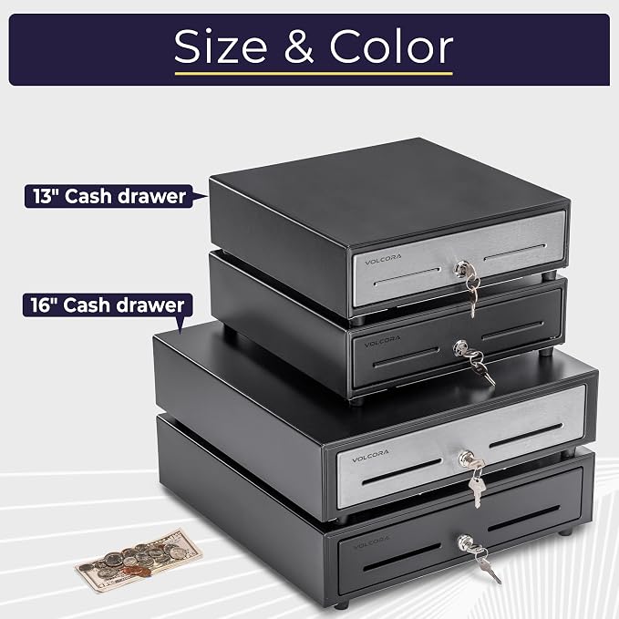 Volcora 13" Electronic Cash Register Drawer for Point of Sale (POS) System with 4 Bill 5 Coin Cash Tray, Removable Coin Compartment, 12-24V, RJ11/RJ12 Key-Lock, Black - for Small Businesses
