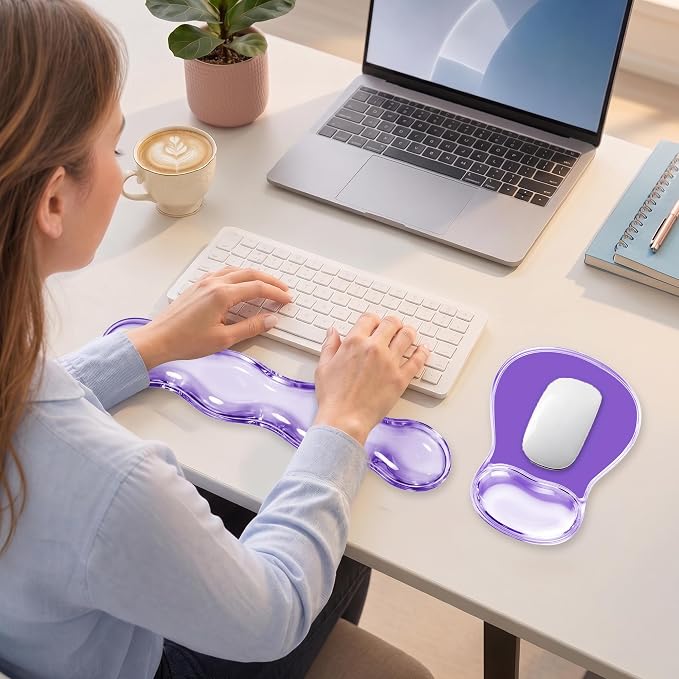 Keyboard Wrist Rest & Ergonomic Mouse Pad with Wrist Rest Set, Cute Transparent Gel Wrist Rest for Keyboard and Mouse, Soft Support for Pain Relief, Office, Gaming Desk Accessories(Purple)