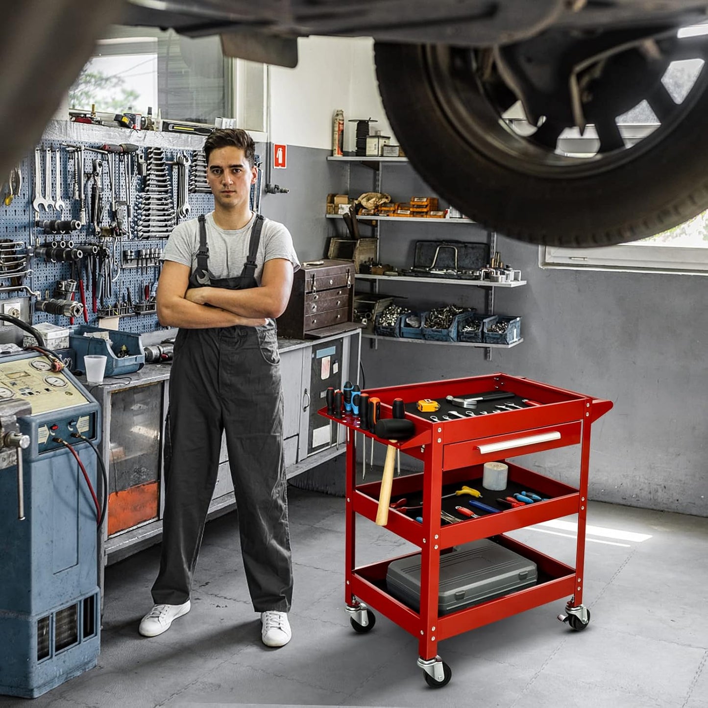 ERGOMASTER Metal Service Utility Cart with Wheels - 500LBS Tool Cart Heavy Duty Rolling 3-Tier Storage Organizer, for Garage Industrial Cart (Red)