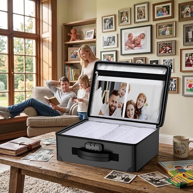 ENGPOW Fireproof 5200°F Photo Storage Box with 16 Inner 4" x 6" Photo Case(Clear), Photo Organizer with Lock, Portable Acid-Free Photo Keeper Safe Storage with Handles for Home, Office, Travel