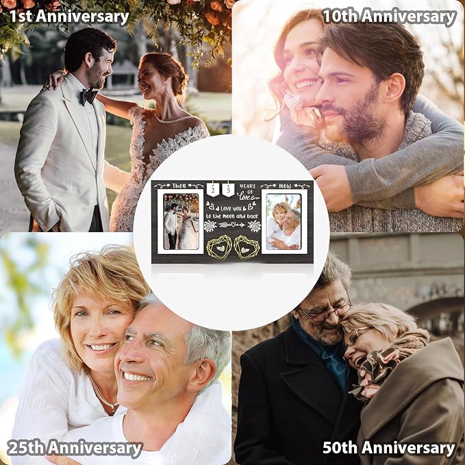 Black Then & Now Anniversary Picture Frame, 50th Wedding Gifts for Parents, Couple, 1-99 Years Wedding Picture Frame for 2 4x6 Photos, 50 Year Anniversary Decorations, Engagement, Birthday Gift
