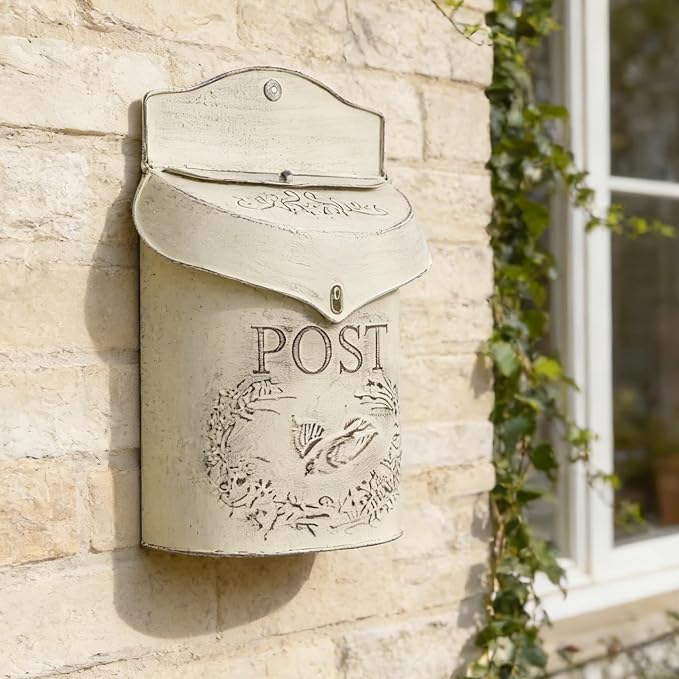 Wall Mount Mailbox for Outside, Metal Vintage Mail Box for Outdoor Decorative, Antique Style Nostalgic Charm Door Mailboxs for Home Garden House Farmhouse Porch Decor-White
