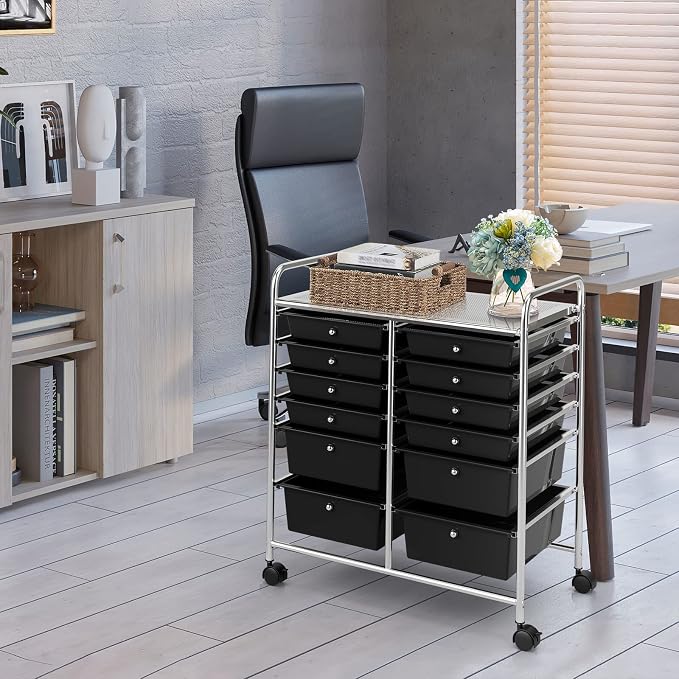 COSTWAY 12-Drawer Rolling Storage Cart, Moveable Art Craft Organizer | Lockable Wheels, Metal Shelf, Files Arrangement Tools Makeup Storage Cart for Office, Home, School (Black)
